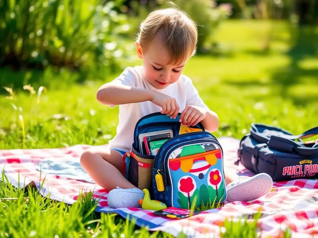 A child using the Adventure Pouch to store small toys and snacks during a picnic, showcasing its compact size and versatility.
